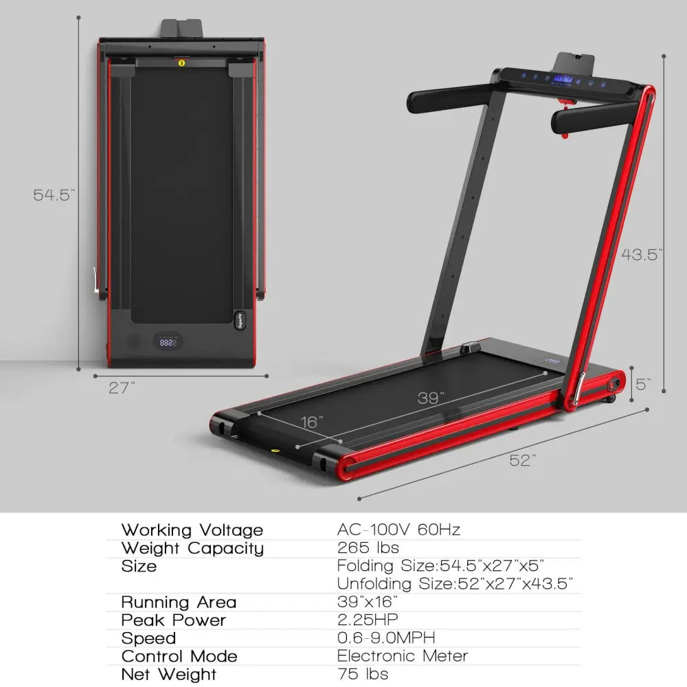 2-in-1 Folding Treadmill 2.25HP Jogging Machine with Dual LED Display-Red - Red - Treadmills