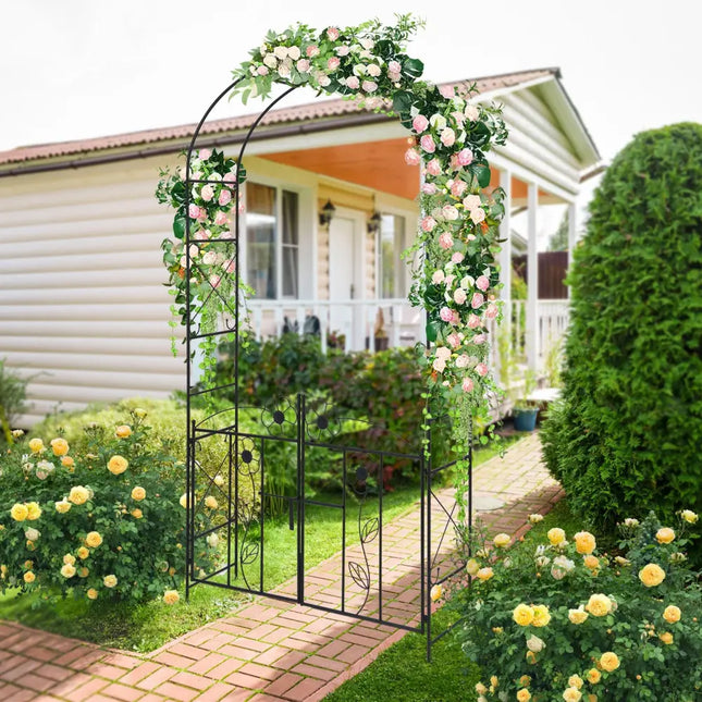 2 in 1 Garden Arbor with Door and Latch for Outdoor Lawn-Black - Black - Outdoor Decor
