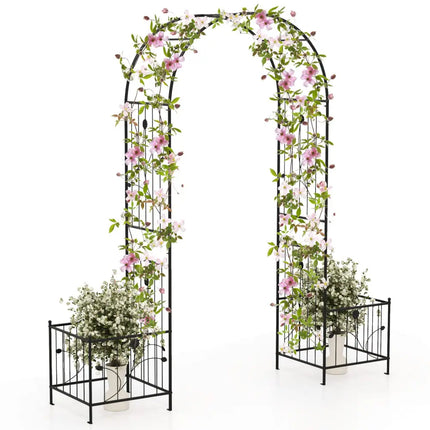 2 in 1 Garden Arbor with 2 Side Planters and 8 Ground Stakes-Black - Black - Outdoor Decor