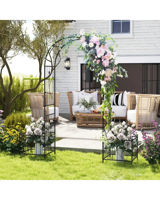 2 in 1 Garden Arbor with 2 Side Planters and 8 Ground Stakes-Black - Black - Garden Arbors