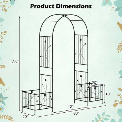 2 in 1 Garden Arbor with 2 Side Planters and 8 Ground Stakes-Black - Black - Outdoor Decor
