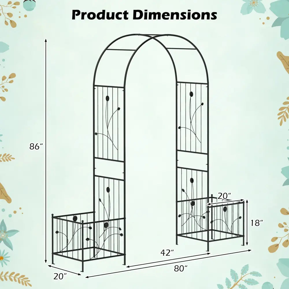 2 in 1 Garden Arbor with 2 Side Planters and 8 Ground Stakes-Black - Black - Outdoor Decor