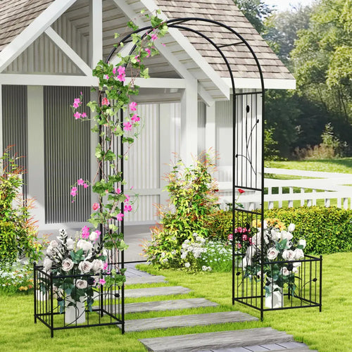2 in 1 Garden Arbor with 2 Side Planters and 8 Ground Stakes-Black - Black - Outdoor Decor
