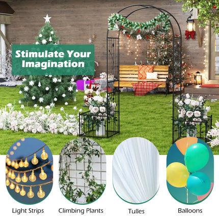2 in 1 Garden Arbor with 2 Side Planters and 8 Ground Stakes-Black - Black - Outdoor Decor