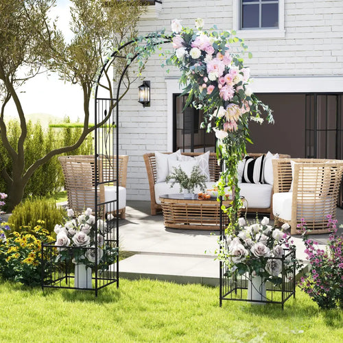 2 in 1 Garden Arbor with 2 Side Planters and 8 Ground Stakes-Black - Black - Outdoor Decor