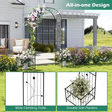 2 in 1 Garden Arbor with 2 Side Planters and 8 Ground Stakes-Black - Black - Outdoor Decor