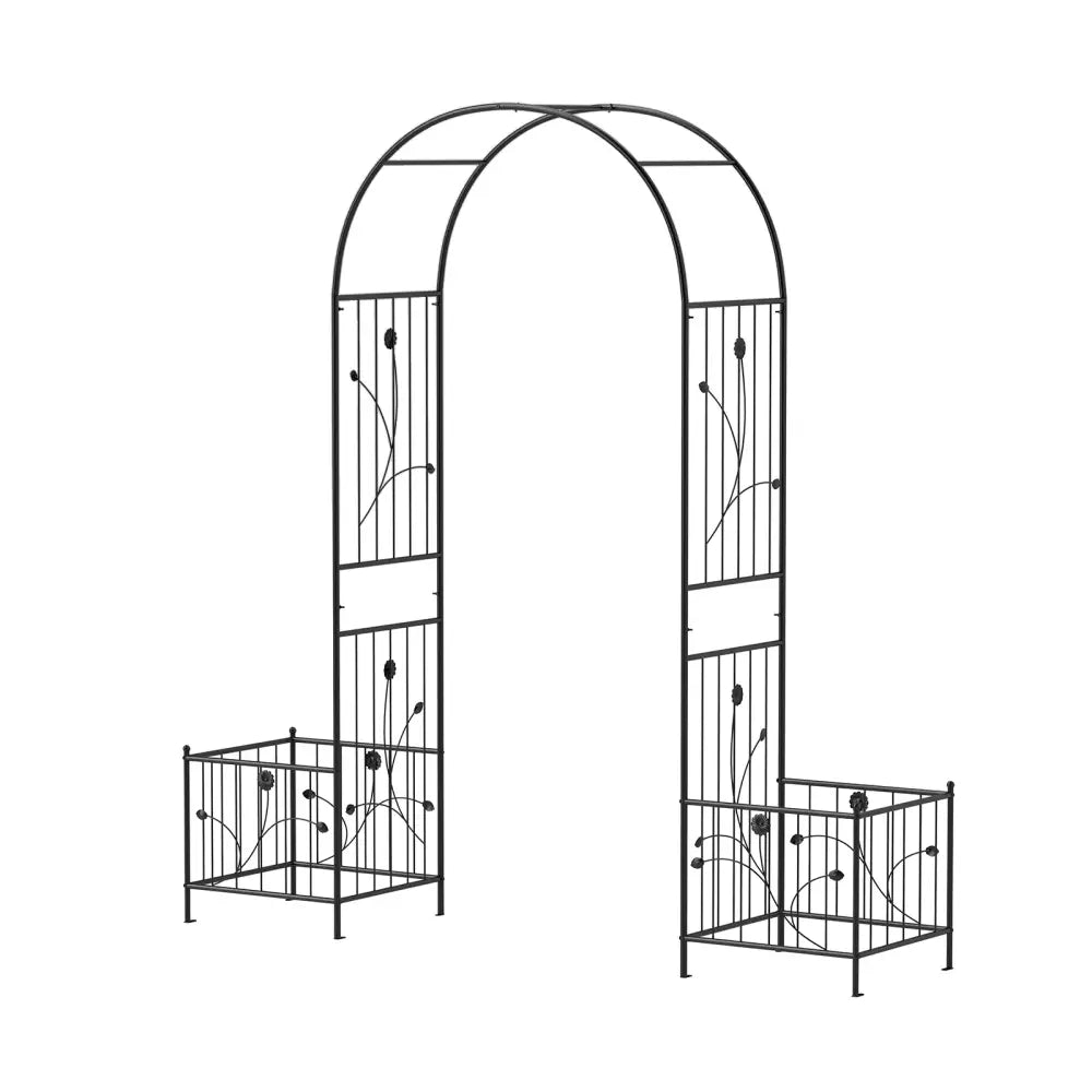 2 in 1 Garden Arbor with 2 Side Planters and 8 Ground Stakes-Black - Black - Outdoor Decor