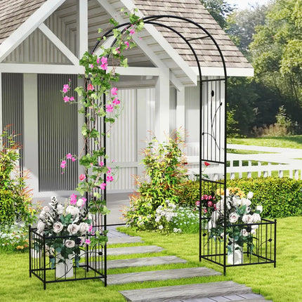2 in 1 Garden Arbor with 2 Side Planters and 8 Ground Stakes-Black - Black - Outdoor Decor