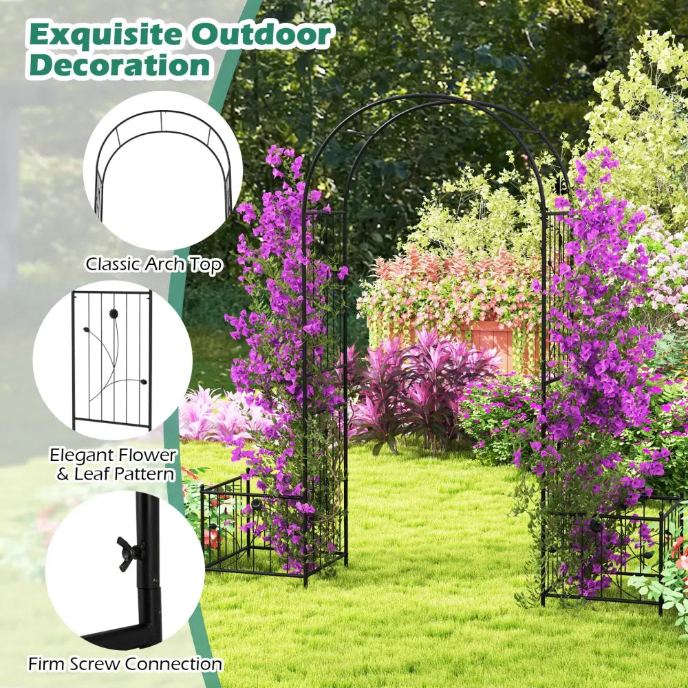 2 in 1 Garden Arbor with 2 Side Planters and 8 Ground Stakes-Black - Black - Outdoor Decor