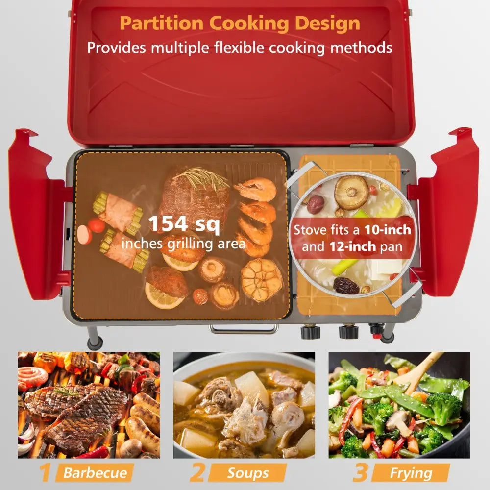 2-in-1 Gas Camping Grill and Stove with 4 Detachable Legs-Red - Red - Outdoor Grills