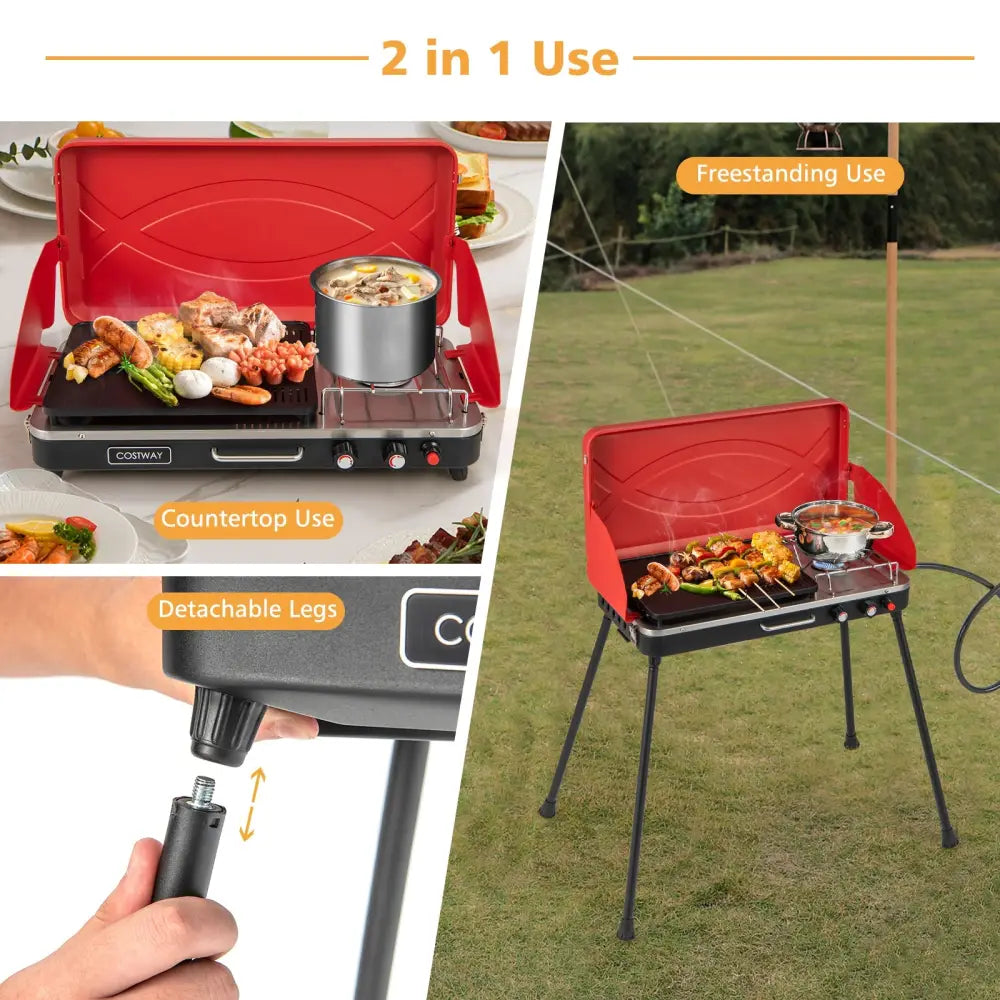 2-in-1 Gas Camping Grill and Stove with 4 Detachable Legs-Red - Red - Outdoor Grills