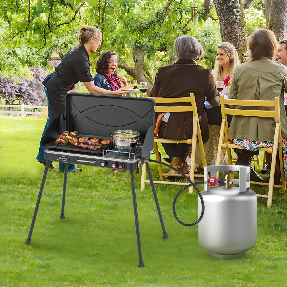 2-in-1 Gas Camping Grill and Stove with Detachable Legs-Black - Black - Outdoor Grills