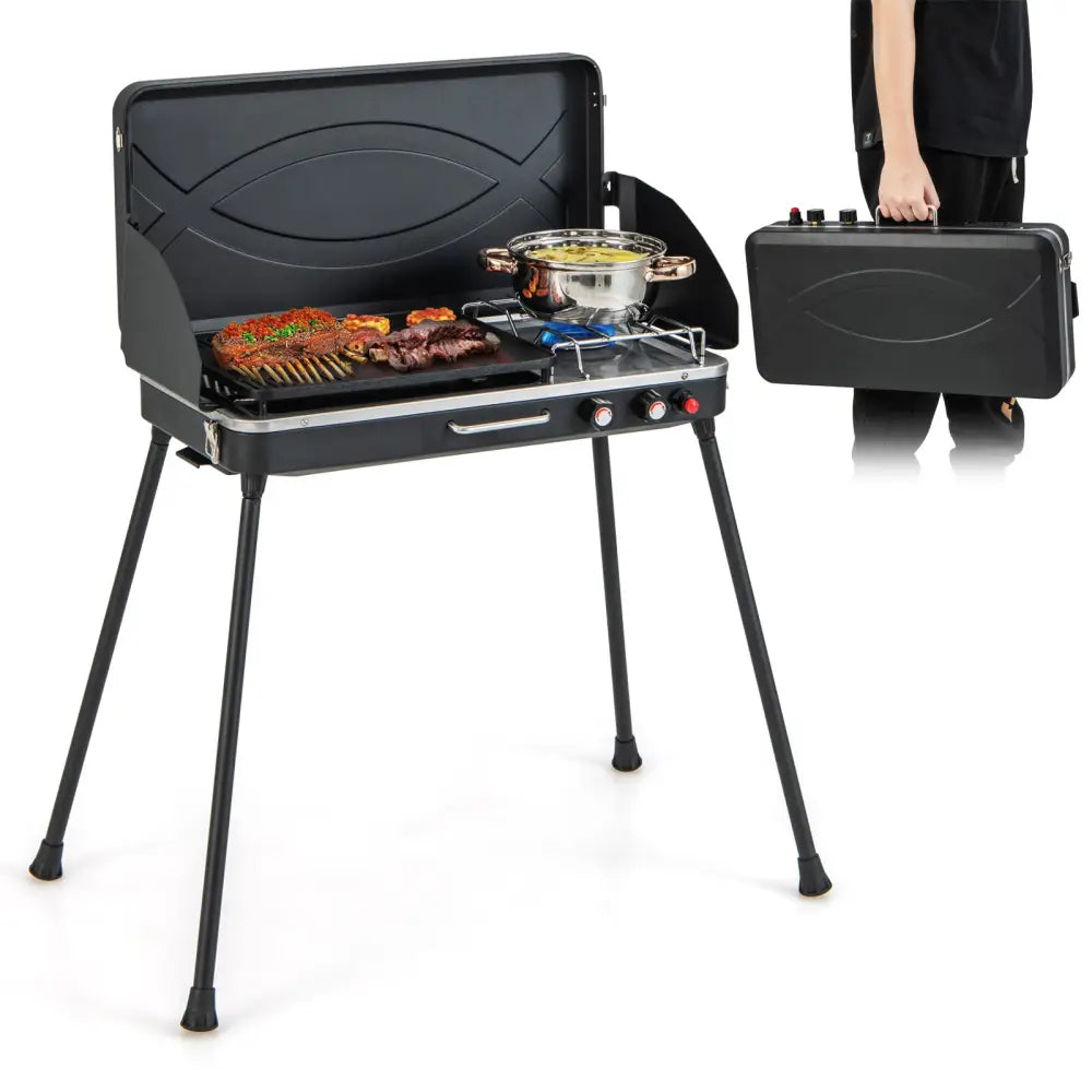 2-in-1 Gas Camping Grill and Stove with Detachable Legs-Black - Black - Outdoor Grills