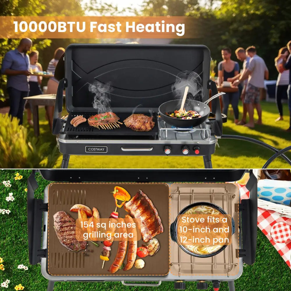 2-in-1 Gas Camping Grill and Stove with Detachable Legs-Black - Black - Outdoor Grills