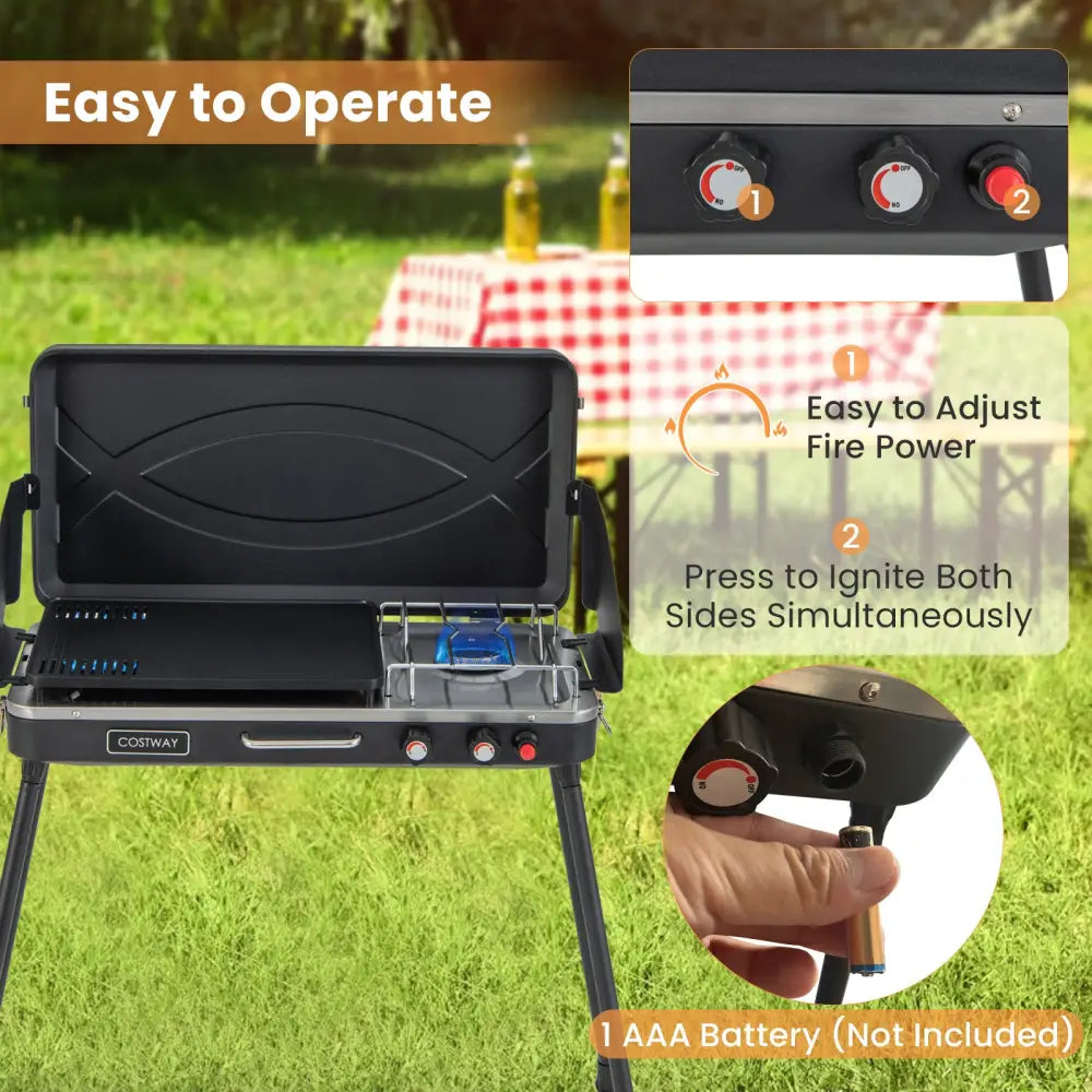 2-in-1 Gas Camping Grill and Stove with Detachable Legs-Black - Black - Outdoor Grills