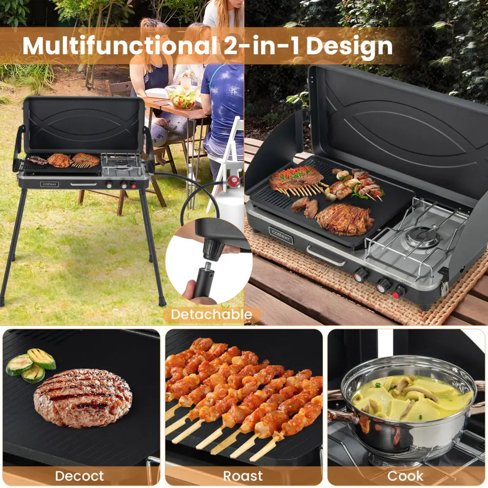2-in-1 Gas Camping Grill and Stove with Detachable Legs-Black - Black - Outdoor Grills