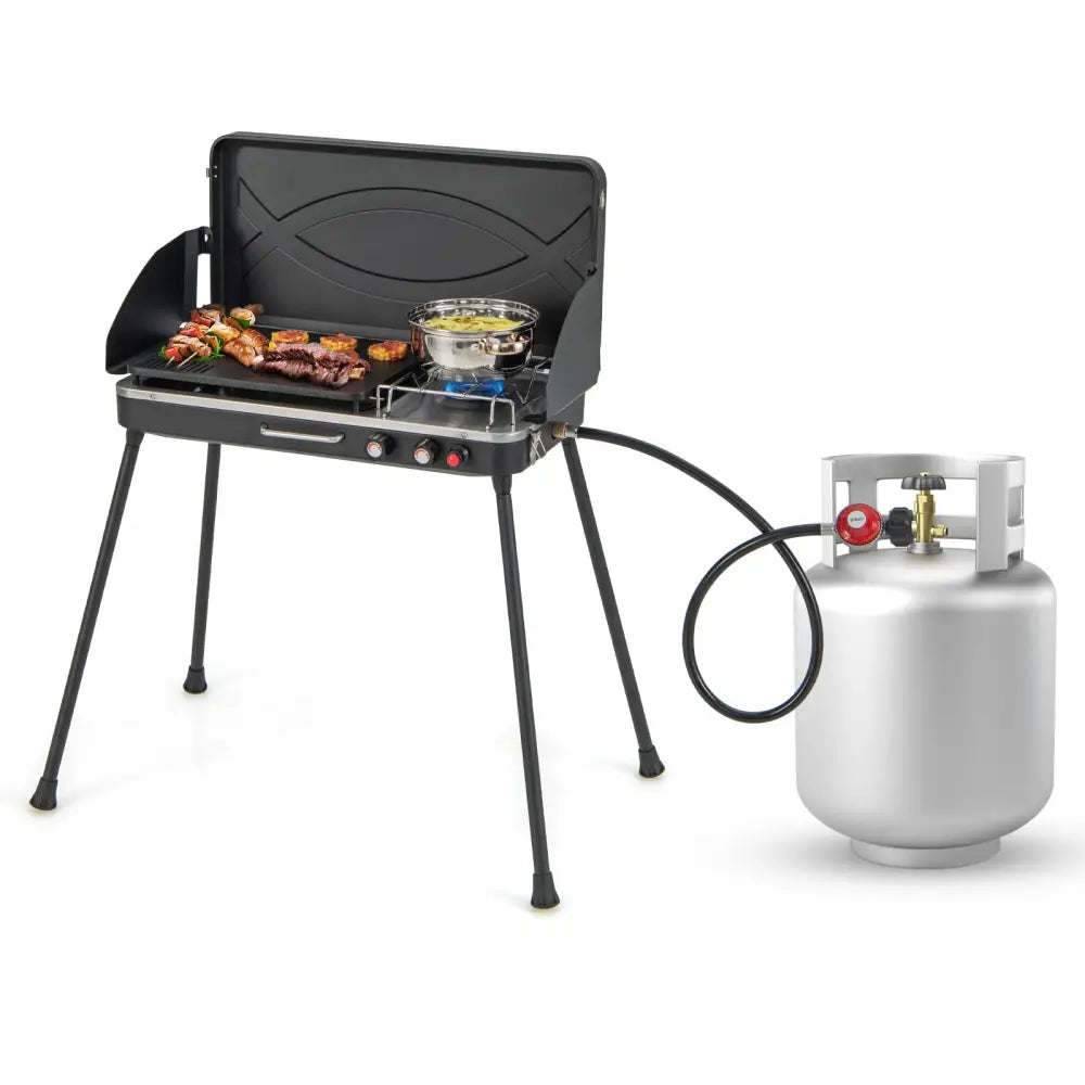 2-in-1 Gas Camping Grill and Stove with Detachable Legs-Black - Black - Outdoor Grills