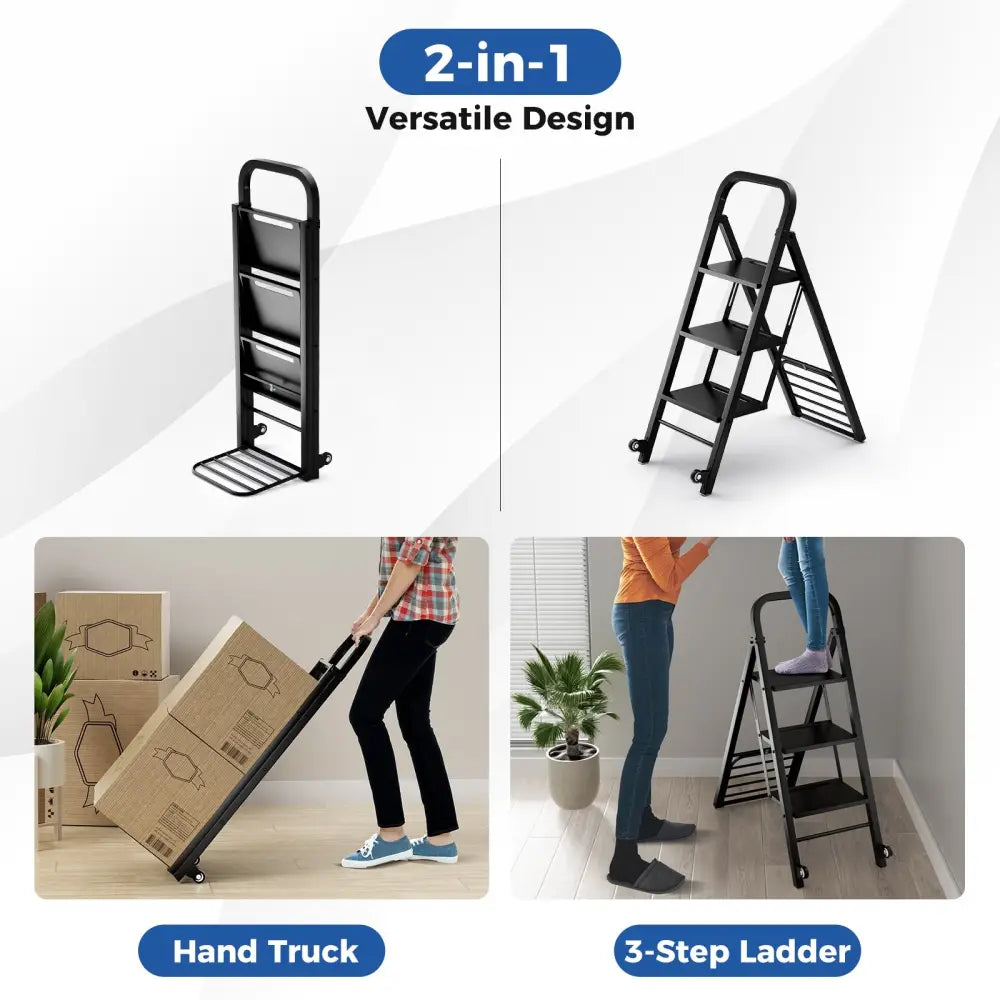 2 in 1 Hand Truck and Ladder Combo with Rubber Wheels Handle for Warehouse Garage Home - Black - Sheds & Outdoor Storage
