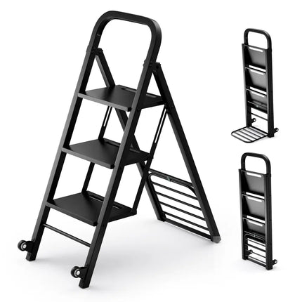 2 in 1 Hand Truck and Ladder Combo with Rubber Wheels Handle for Warehouse Garage Home - Black - Sheds & Outdoor Storage
