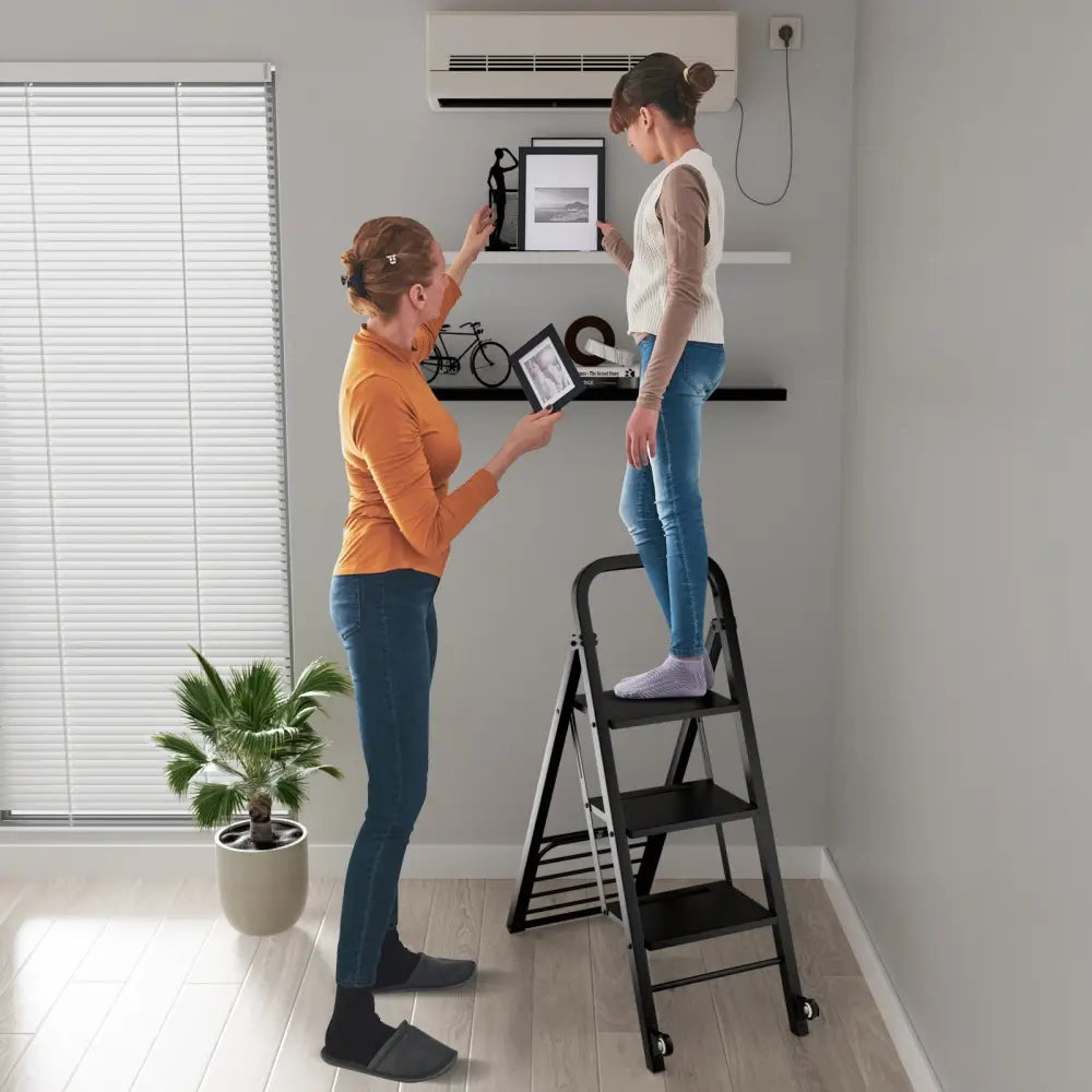 2 in 1 Hand Truck and Ladder Combo with Rubber Wheels Handle for Warehouse Garage Home - Black - Sheds & Outdoor Storage