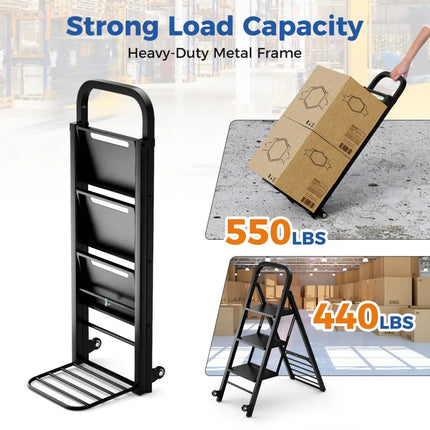 2 in 1 Hand Truck and Ladder Combo with Rubber Wheels Handle for Warehouse Garage Home - Black - Sheds & Outdoor Storage