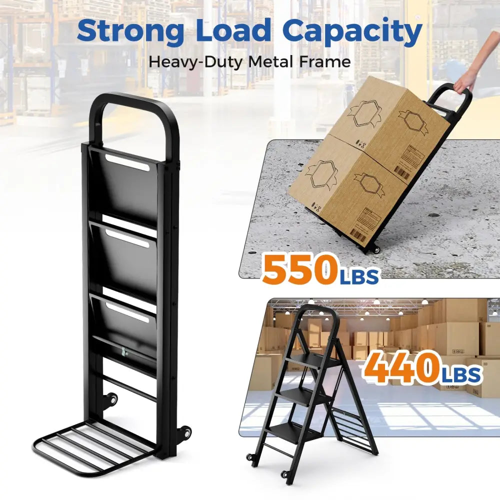 2 in 1 Hand Truck and Ladder Combo with Rubber Wheels Handle for Warehouse Garage Home - Black - Sheds & Outdoor Storage
