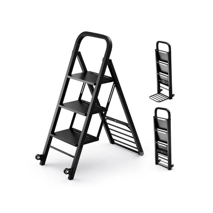 2 in 1 Hand Truck and Ladder Combo with Rubber Wheels Handle for Warehouse Garage Home - Black - Sheds & Outdoor Storage