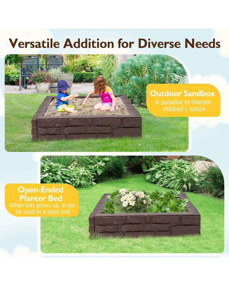 2-In-1 HDPE Kids Sandbox with Cover and Bottom Liner-Brown - Brown - Sandboxes