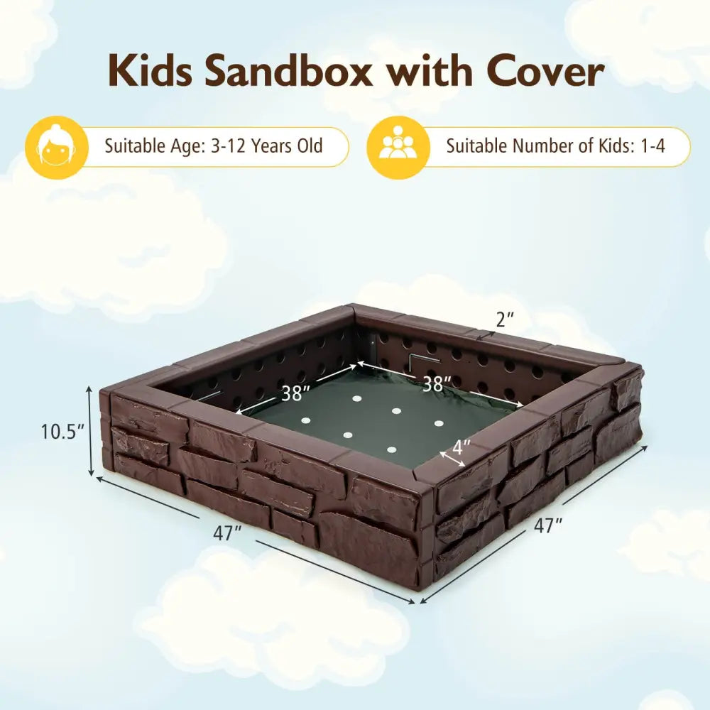 2-In-1 HDPE Kids Sandbox with Cover and Bottom Liner-Brown - Brown - Sandboxes