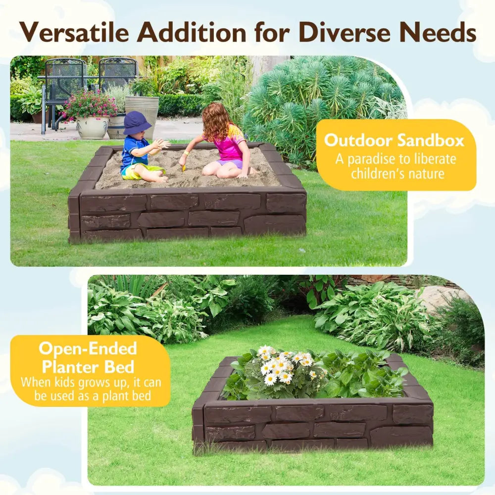 2-In-1 HDPE Kids Sandbox with Cover and Bottom Liner-Brown - Brown - Sandboxes