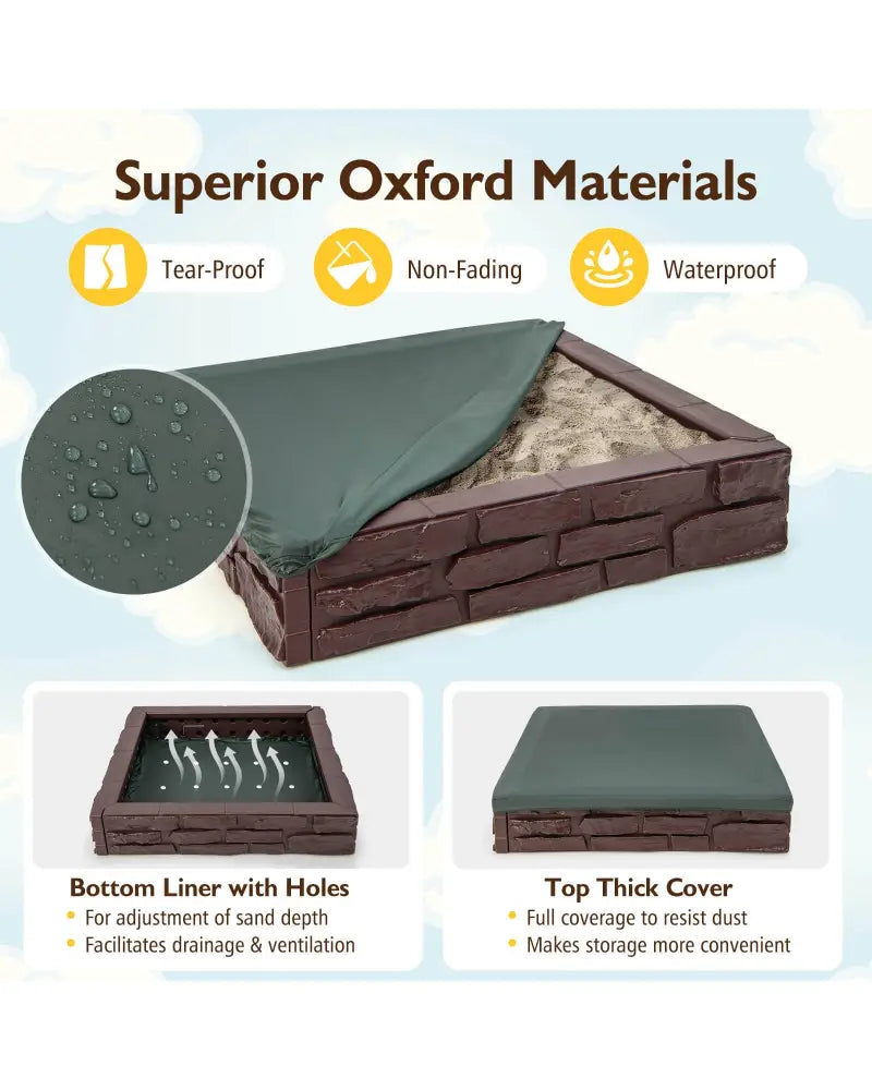 2-In-1 HDPE Kids Sandbox with Cover and Bottom Liner-Brown - Brown - Sandboxes