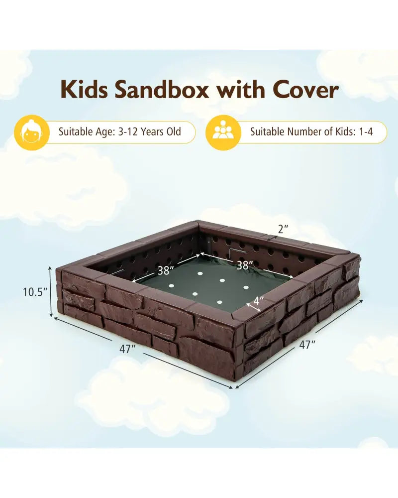 2-In-1 HDPE Kids Sandbox with Cover and Bottom Liner-Brown - Brown - Sandboxes