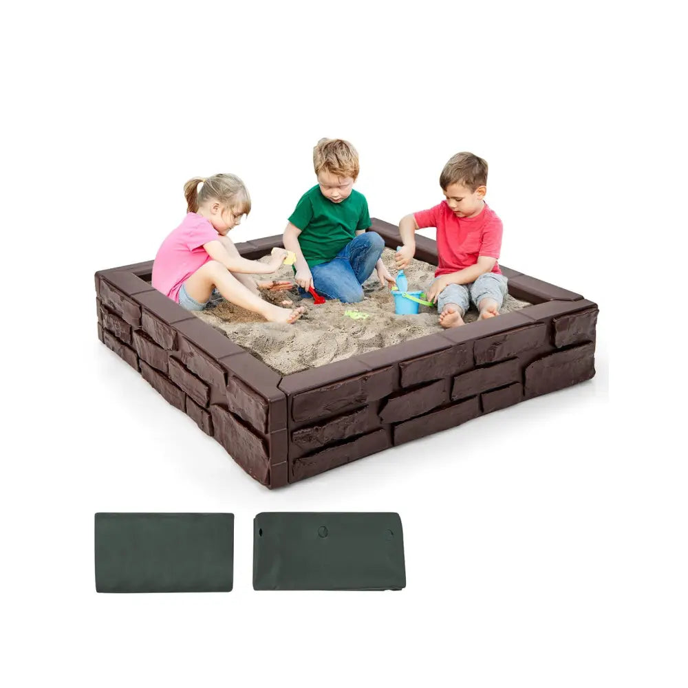 2-In-1 HDPE Kids Sandbox with Cover and Bottom Liner-Brown - Brown - Sandboxes