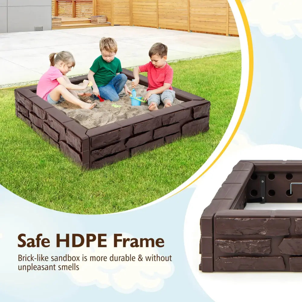 2-In-1 HDPE Kids Sandbox with Cover and Bottom Liner-Brown - Brown - Sandboxes