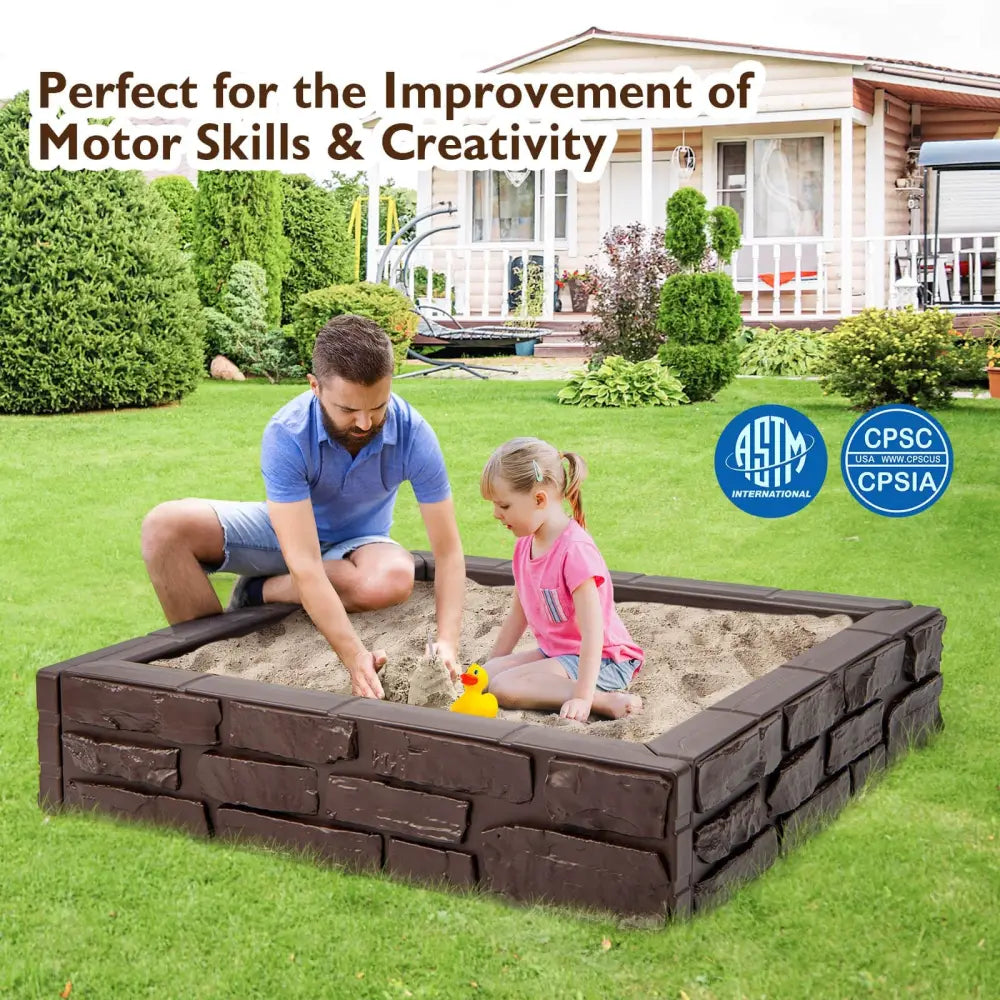 2-In-1 HDPE Kids Sandbox with Cover and Bottom Liner-Brown - Brown - Sandboxes