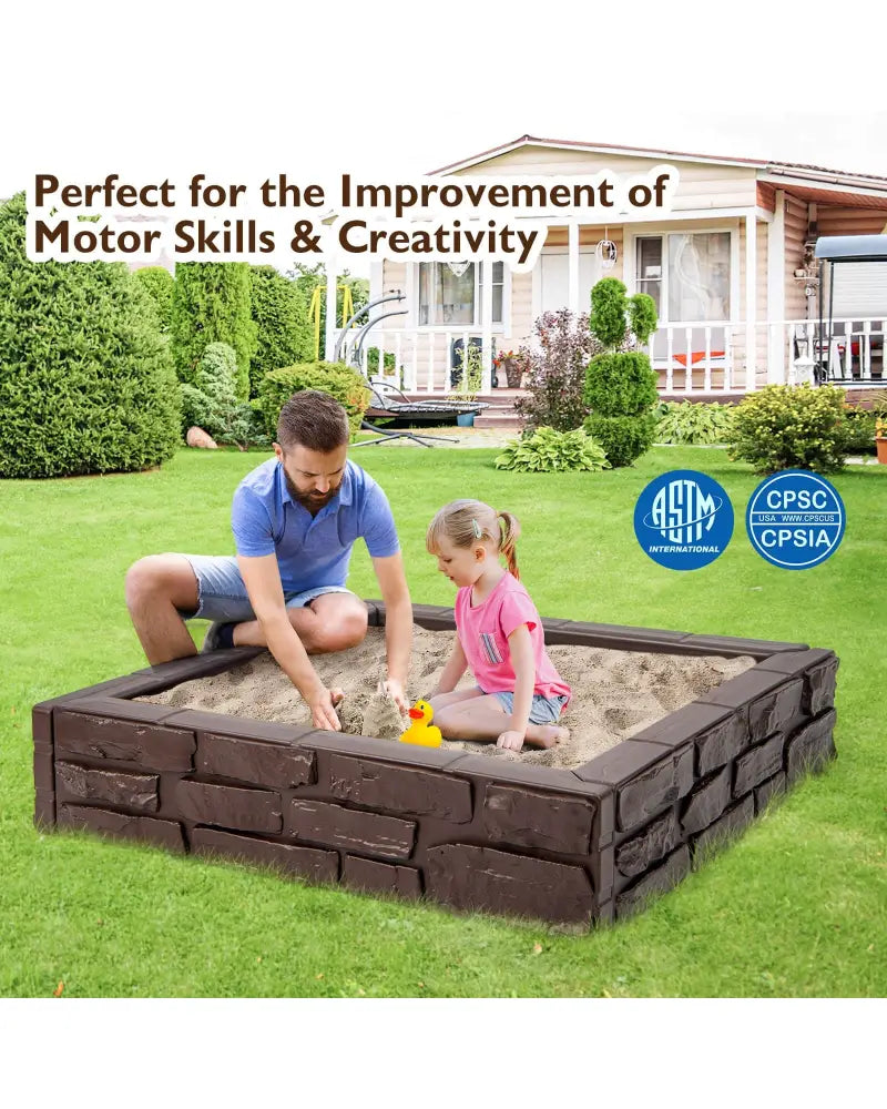 2-In-1 HDPE Kids Sandbox with Cover and Bottom Liner-Brown - Brown - Sandboxes