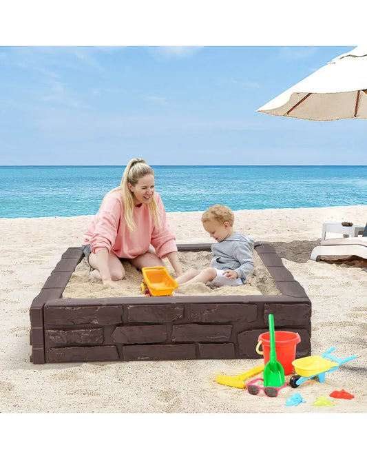 2-In-1 HDPE Kids Sandbox with Cover and Bottom Liner-Brown - Brown - Sandboxes