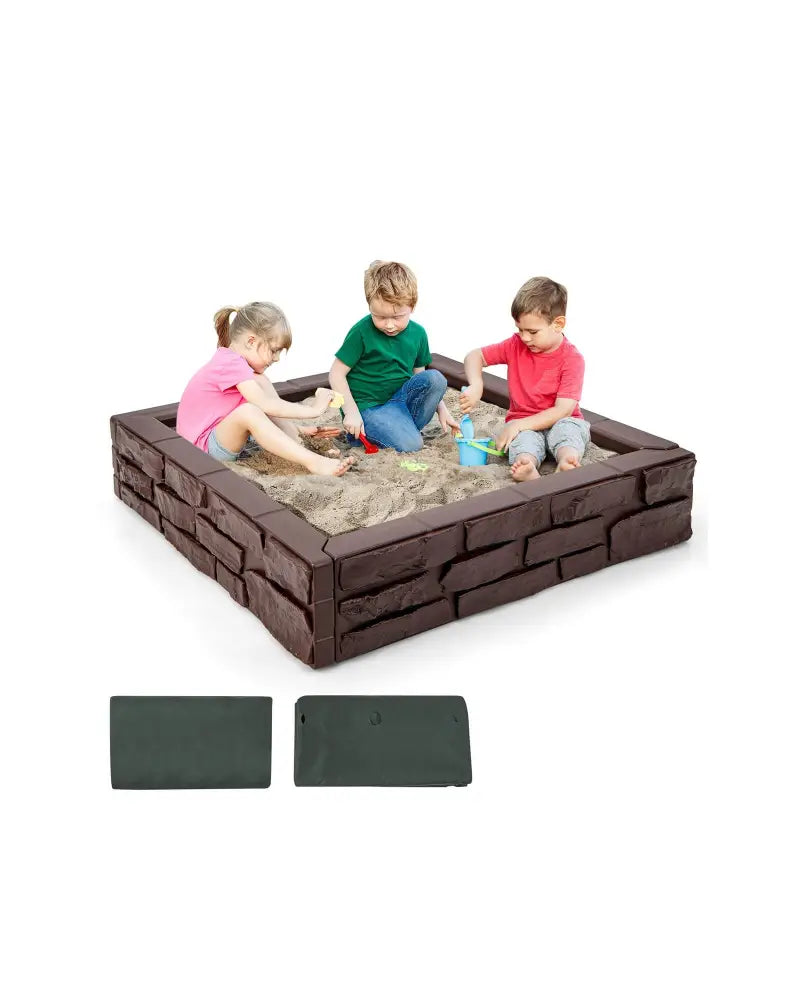 2-In-1 HDPE Kids Sandbox with Cover and Bottom Liner-Brown - Brown - Sandboxes