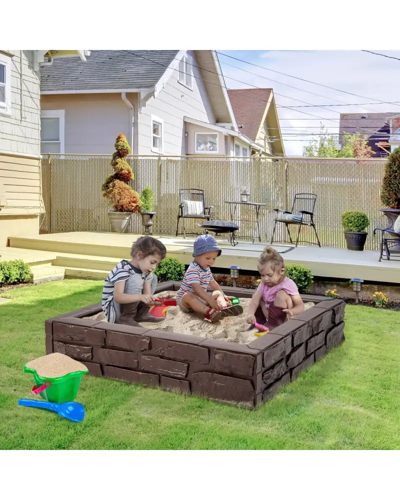2-In-1 HDPE Kids Sandbox with Cover and Bottom Liner-Brown - Brown - Sandboxes