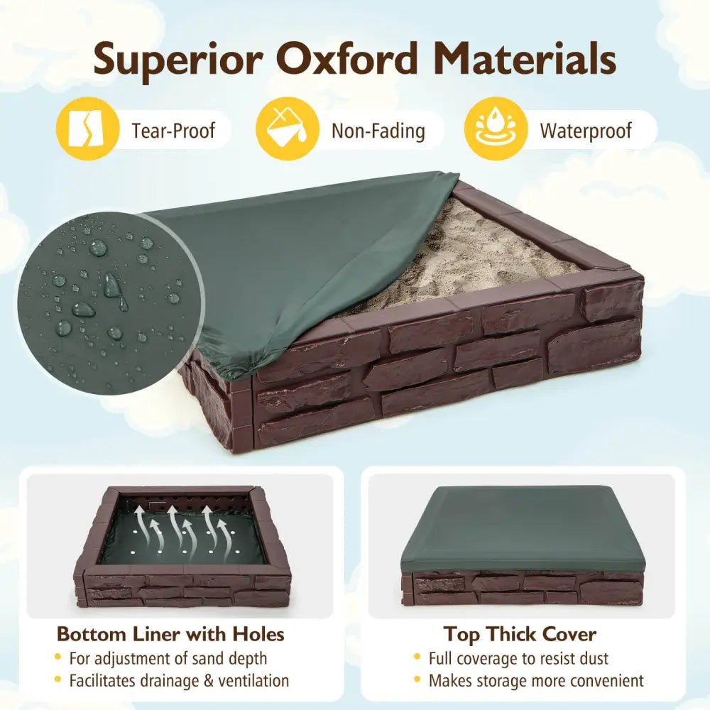 2-In-1 HDPE Kids Sandbox with Cover and Bottom Liner-Brown - Brown - Sandboxes