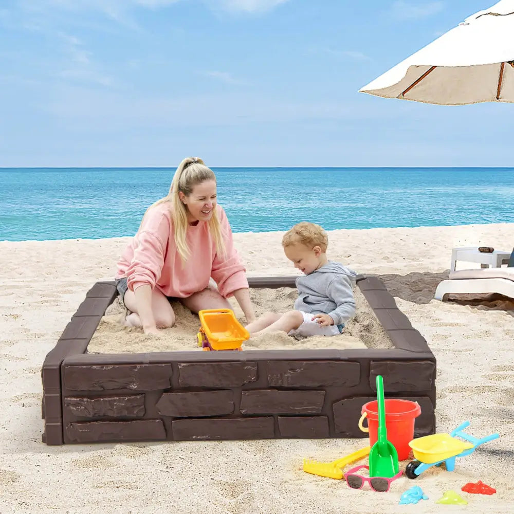 2-In-1 HDPE Kids Sandbox with Cover and Bottom Liner-Brown - Brown - Sandboxes