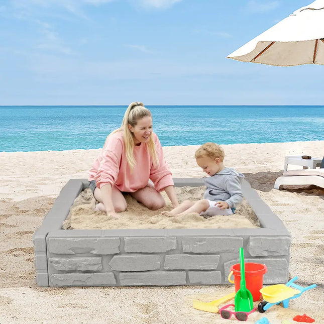 2-In-1 HDPE Kids Sandbox with Cover and Bottom Liner-Gray - Gray - Sandboxes