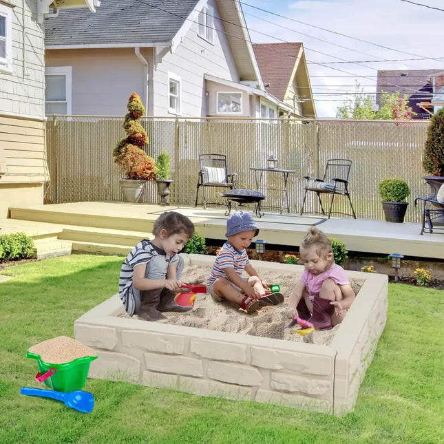 2-In-1 HDPE Kids Sandbox with Cover and Bottom Liner-White - White - Sandboxes