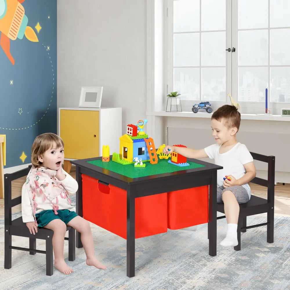 2-in-1 Kids Activity Table and 2 Chairs Set with Storage Building Block Table-Dark Brown - Dark Brown - Kids Table &