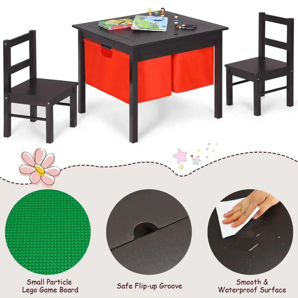 2-in-1 Kids Activity Table and 2 Chairs Set with Storage Building Block Table-Dark Brown - Dark Brown - Kids Table &