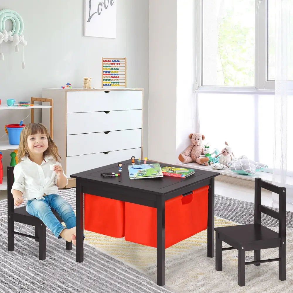 2-in-1 Kids Activity Table and 2 Chairs Set with Storage Building Block Table-Dark Brown - Dark Brown - Kids Table &
