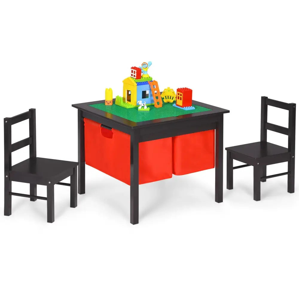2-in-1 Kids Activity Table and 2 Chairs Set with Storage Building Block Table-Dark Brown - Dark Brown - Kids Table &
