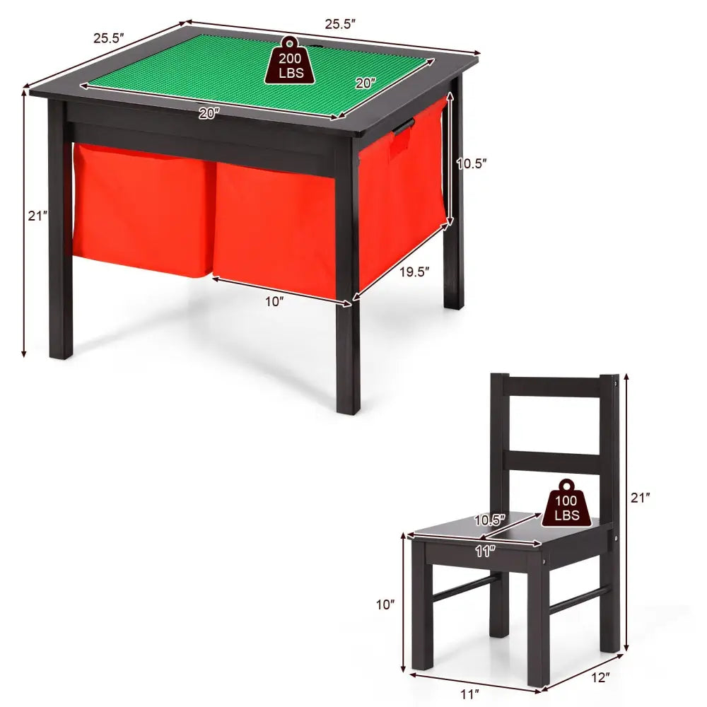 2-in-1 Kids Activity Table and 2 Chairs Set with Storage Building Block Table-Dark Brown - Dark Brown - Kids Table &