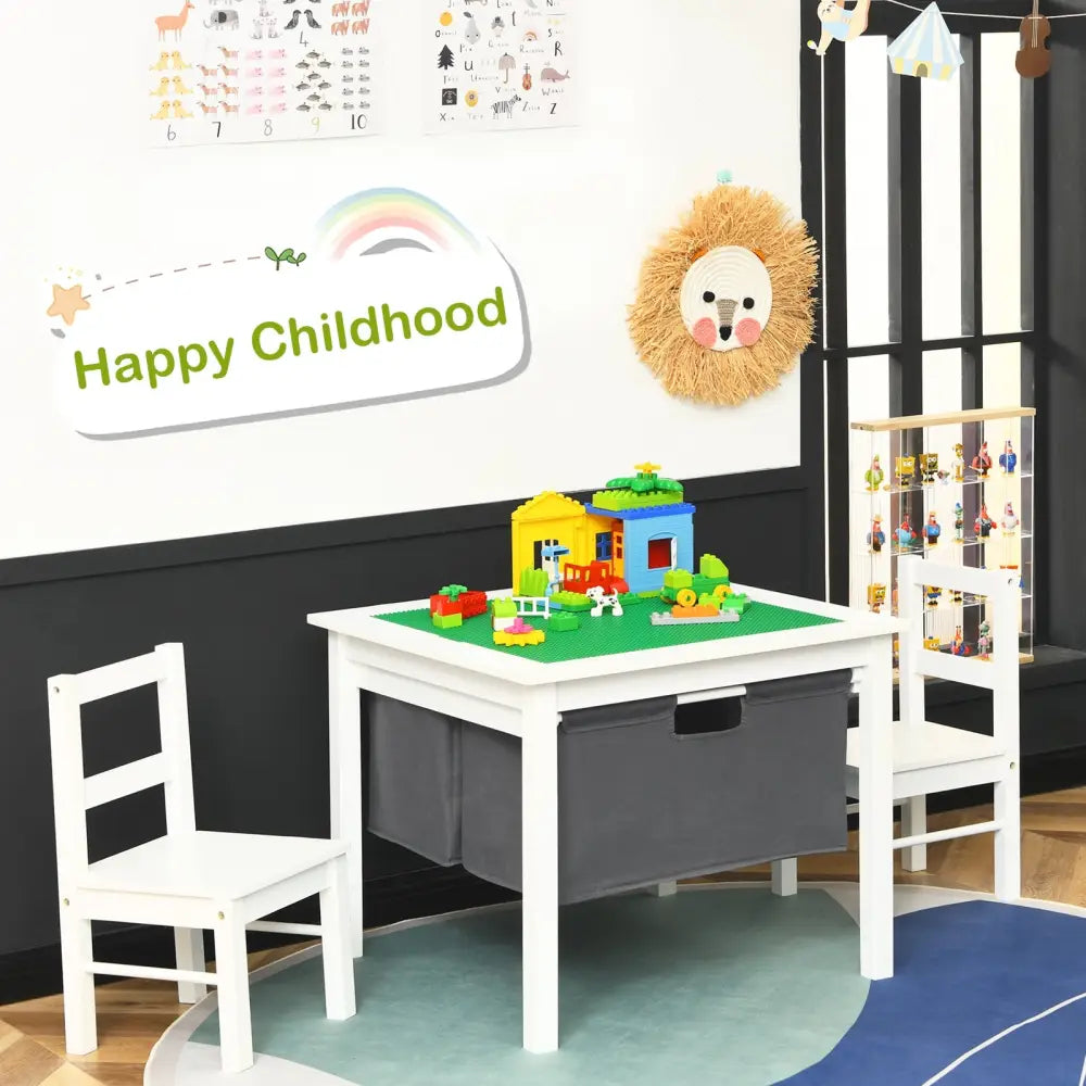 2-in-1 Kids Activity Table and 2 Chairs Set with Storage Building Block Table-White - White - Kids Table & Chair Sets