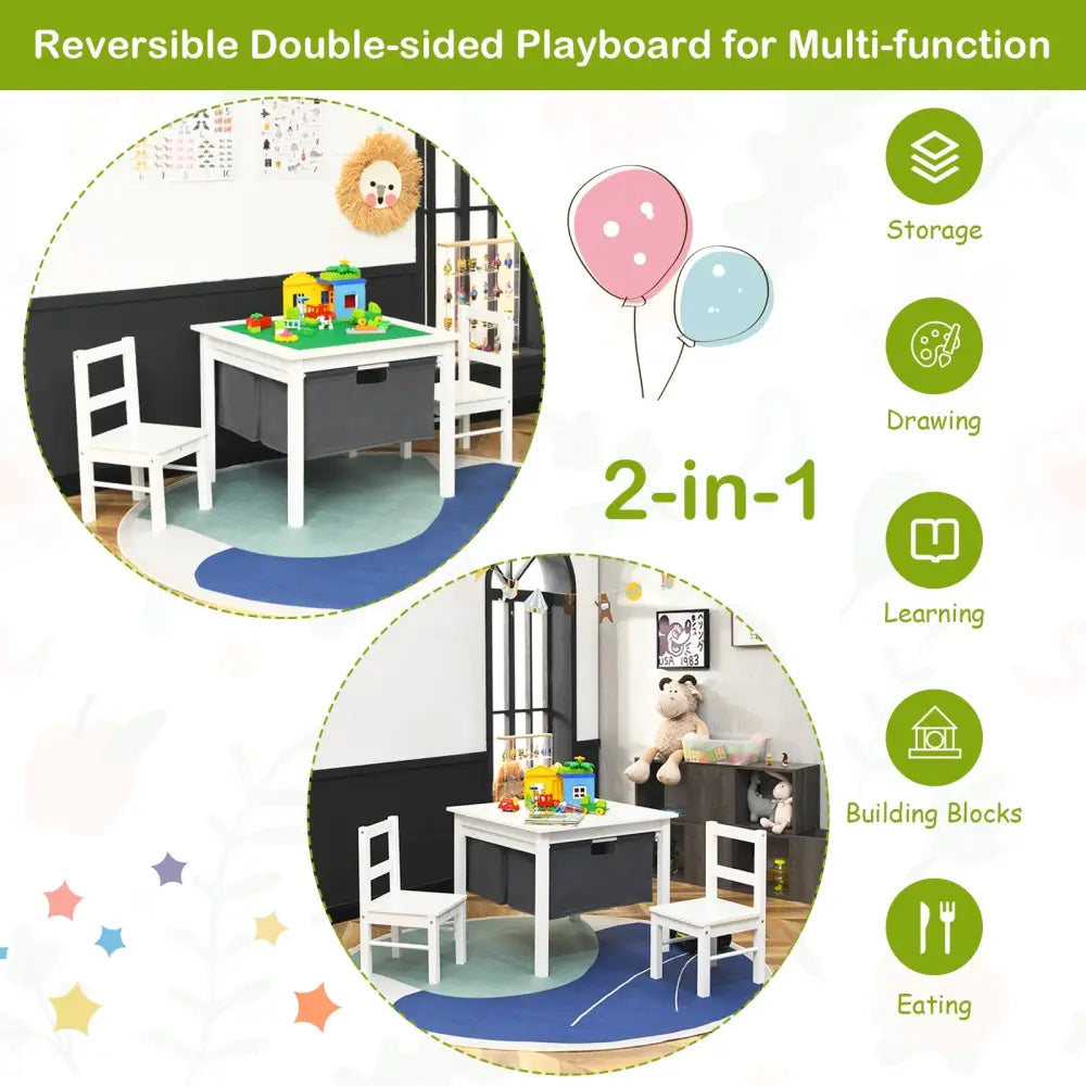 2-in-1 Kids Activity Table and 2 Chairs Set with Storage Building Block Table-White - White - Kids Table & Chair Sets